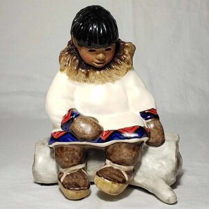 C. Alan Johnson Alaskan Inuit Bobby Boy on Driftwood Ceramic Figurine ©1962 U159
